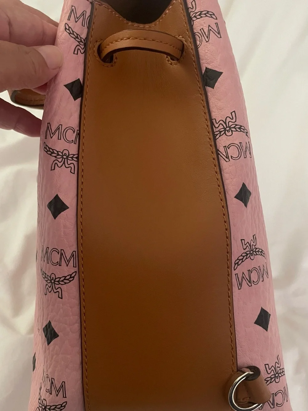MCM MFO Colorblock Pink Coated Canvas with Tan Leather Backpack